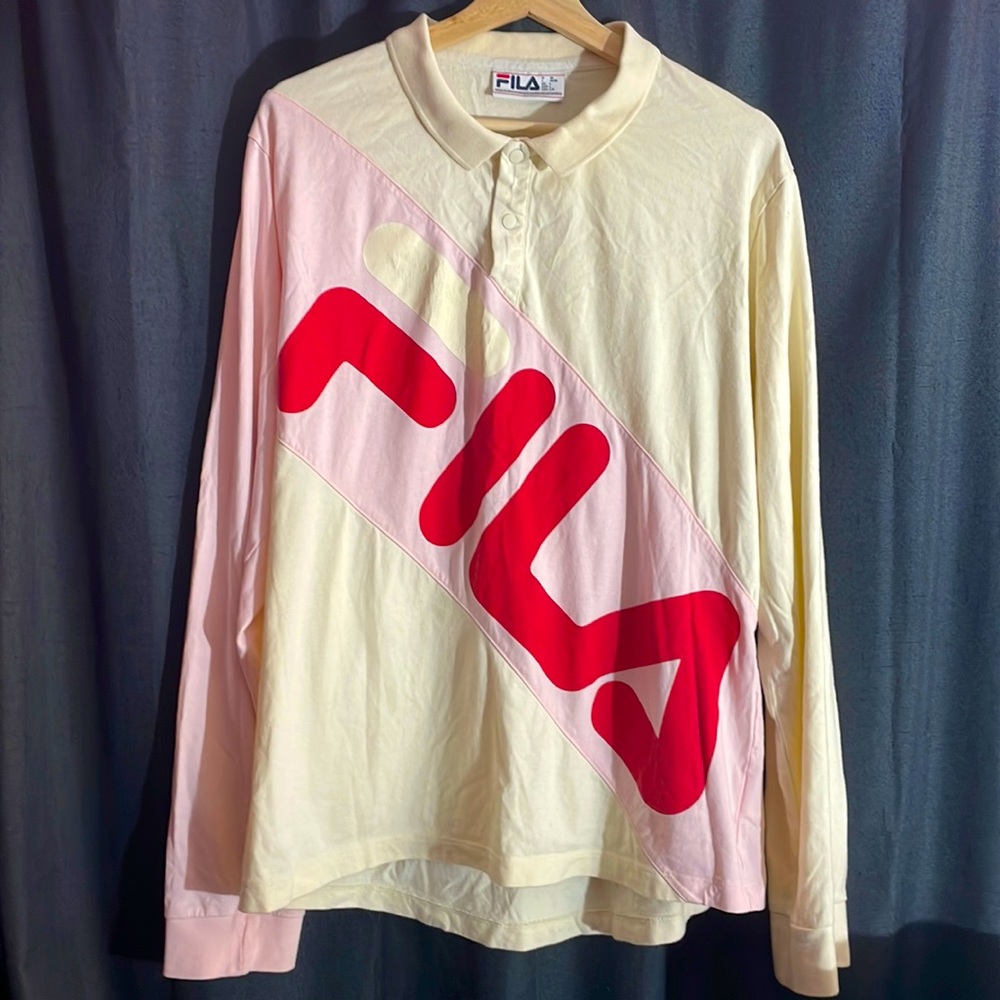 Fila colorblock longsleeve with polo collar. Pink, cream, and red. Size large.